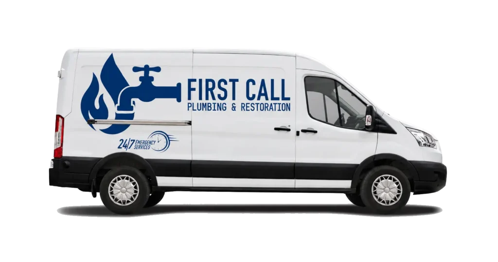 First Call Plumbing & Restoration logo showcasing plumbing tools and a water droplet in a blue and white color scheme.