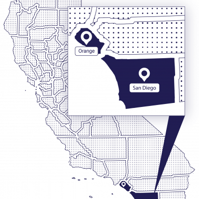 First Call Plumbing's Service Area Map highlighting San Diego and Orange Counties